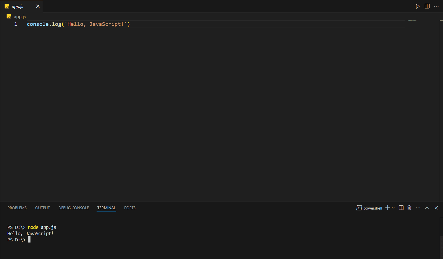 Image of running code using node command 