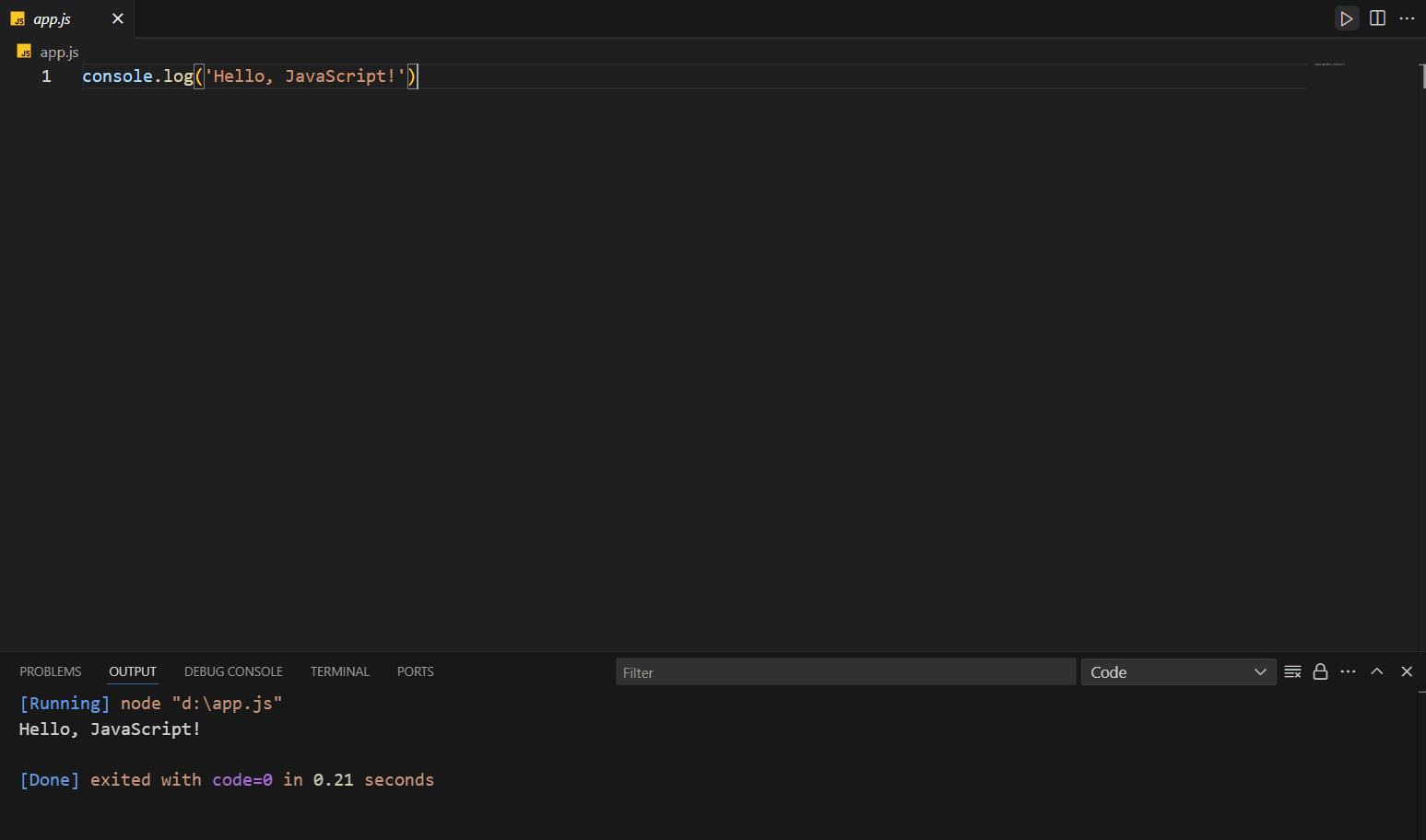 Image of running code using node command 