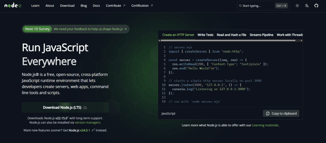 Node.js download page on macOS